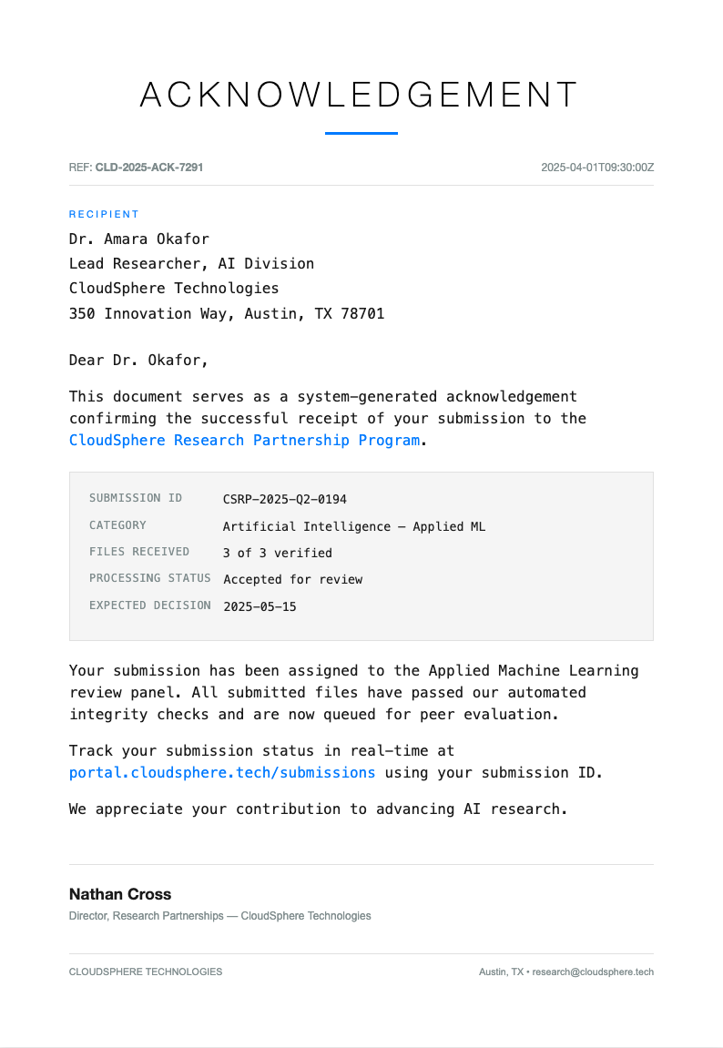 Tech minimalist acknowledgement letter